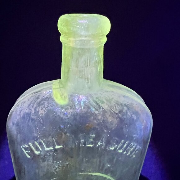Antique Full Measure Strap Side Union Oval Flask Opalescence Glass Bottle Glows